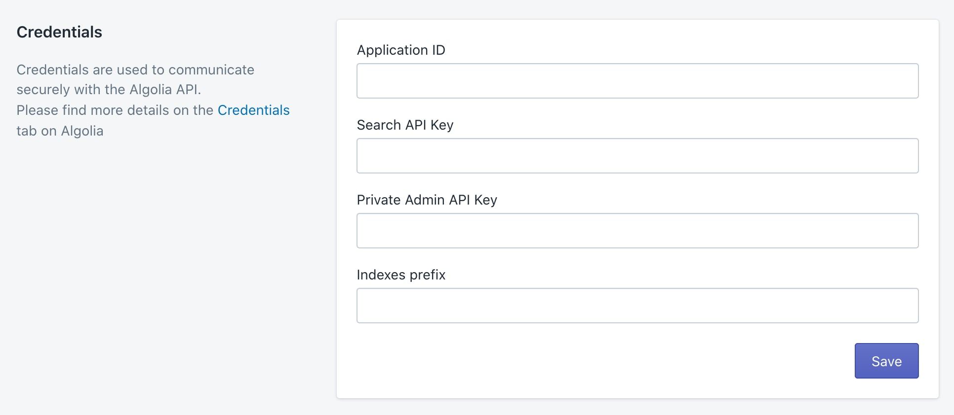 Credentials page in the Algolia app in Shopify. Paste your Algolia credentials into the fields.