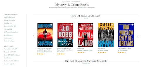 Mystery and crime book product listing page.