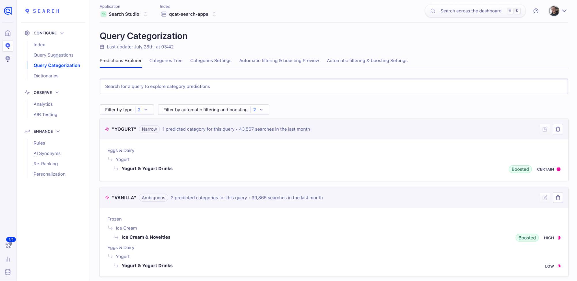 query categorization UI