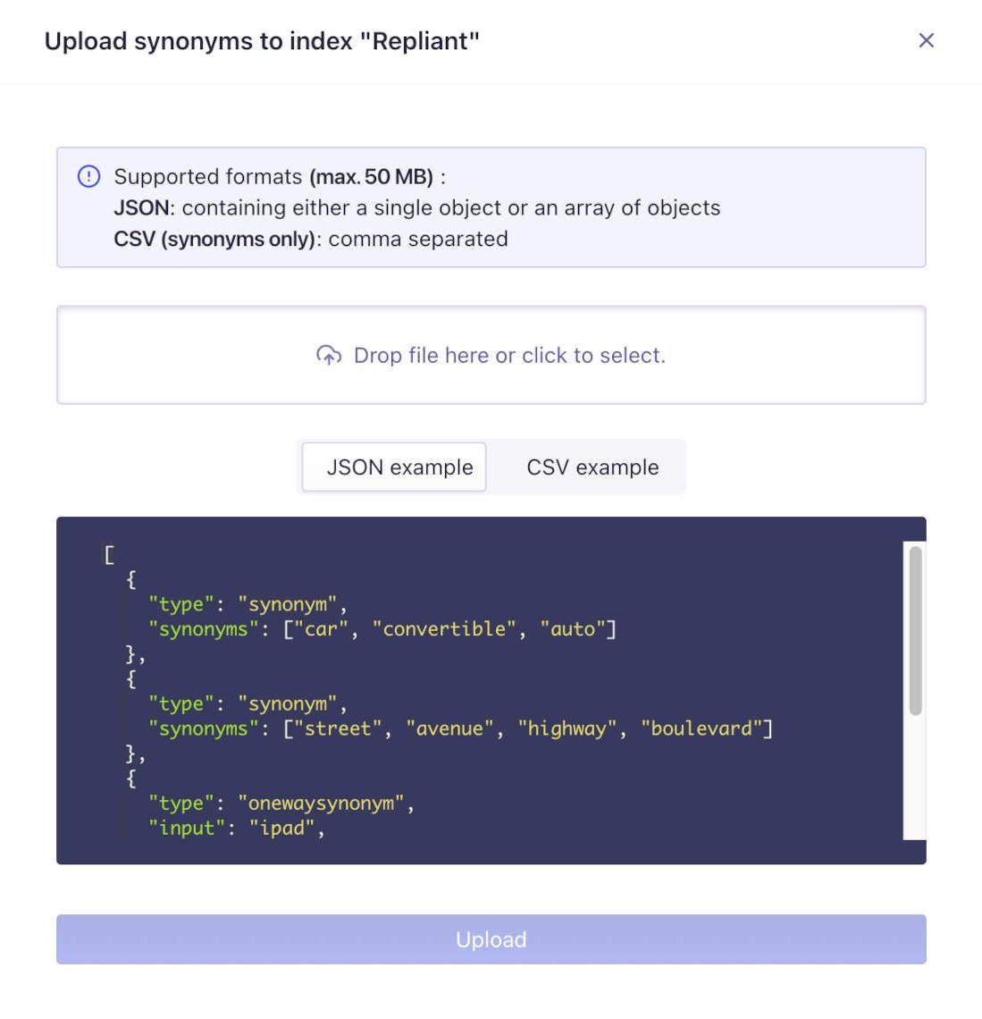 The upload dialog box for JSON and CSV files.