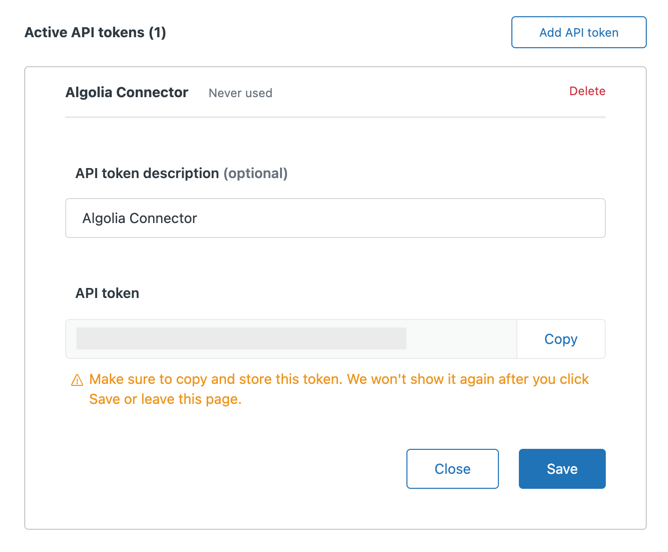 The new API Token form is filled with a description. The api token can be copied.