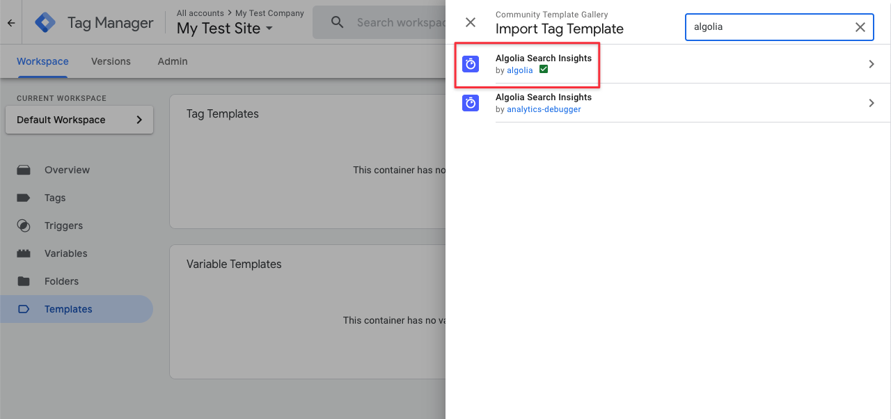 Select the Algolia Search Insights template in your Workspace