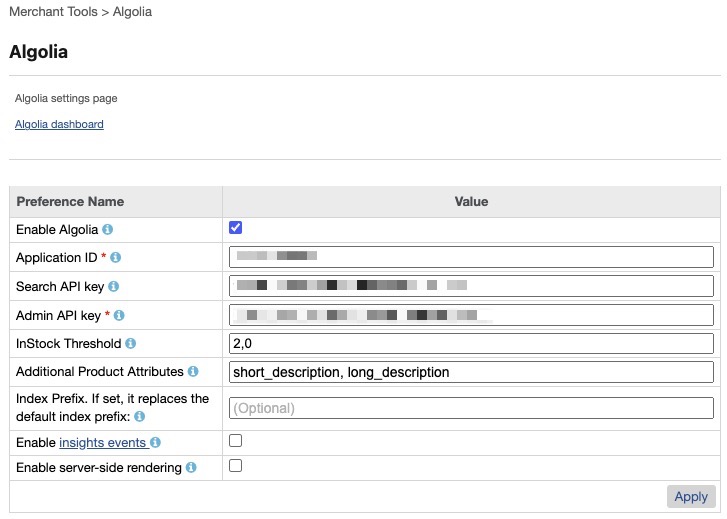 Configure Algolia custom preferences