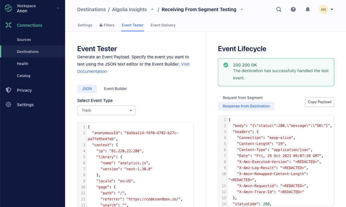 Send a test event to the Algolia Insights destination