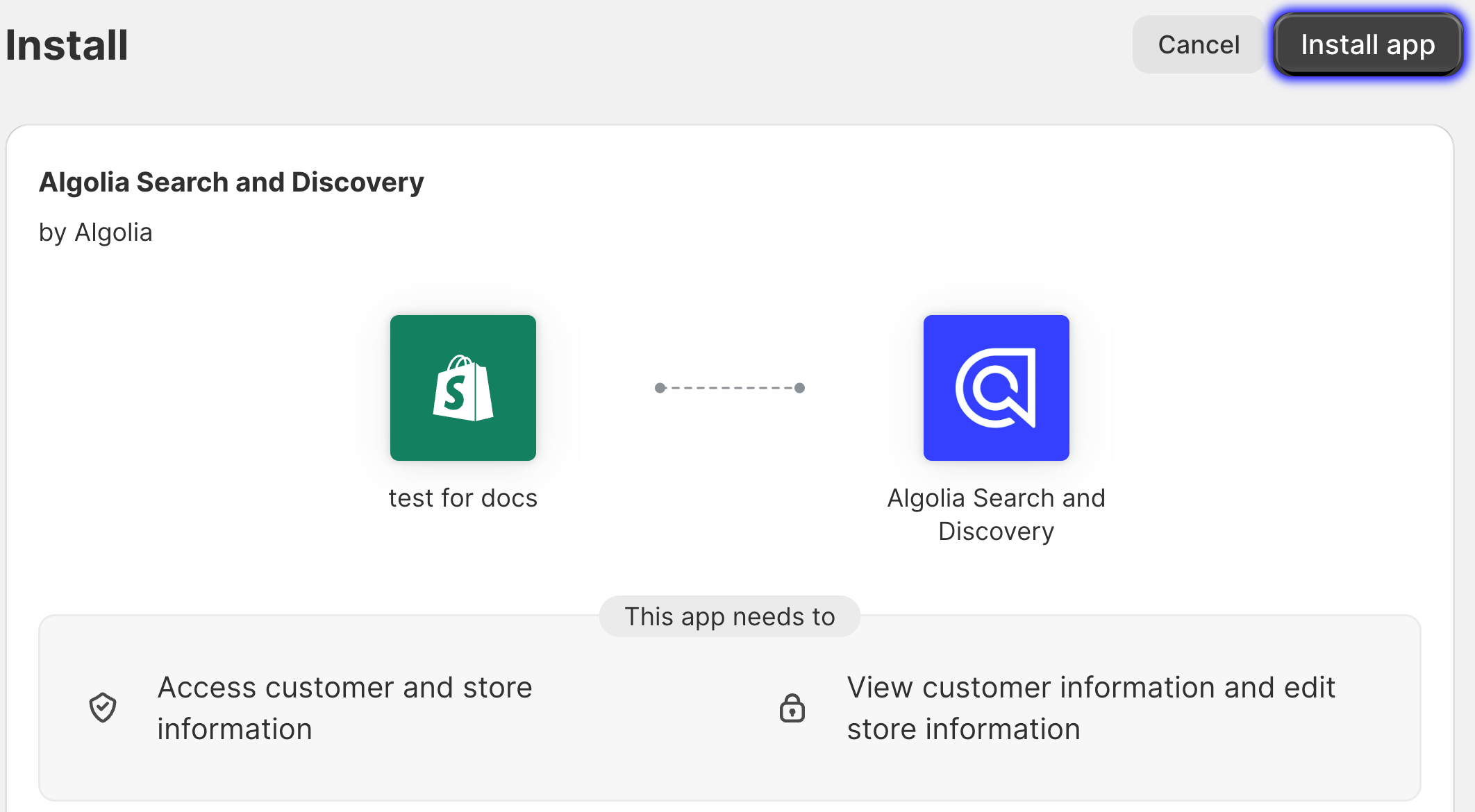 Installation dialog for the Algolia Search and Discovery app with field for entering your Shopify domain