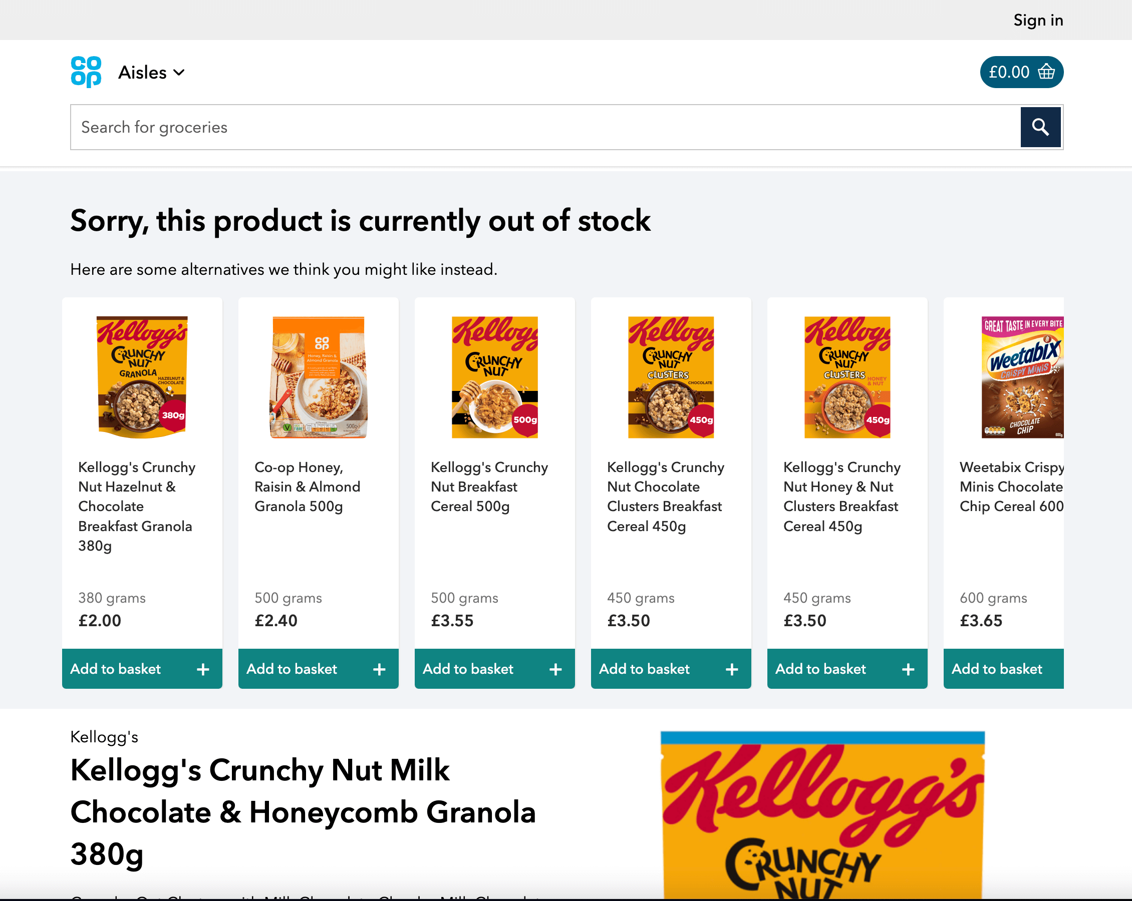 Co-op UK grocery store's website - screenshot of a search with no results and recommended products