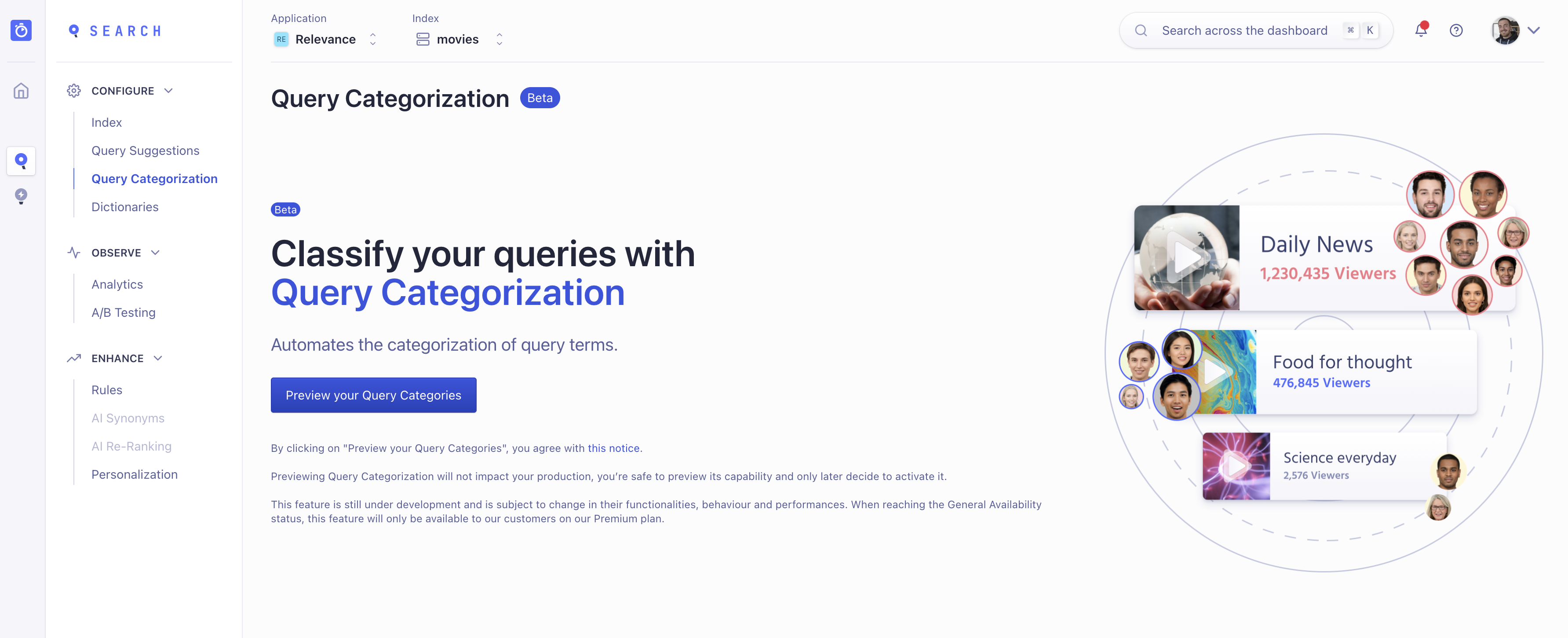 Query Categorization section screenshot within the Algolia dashboard