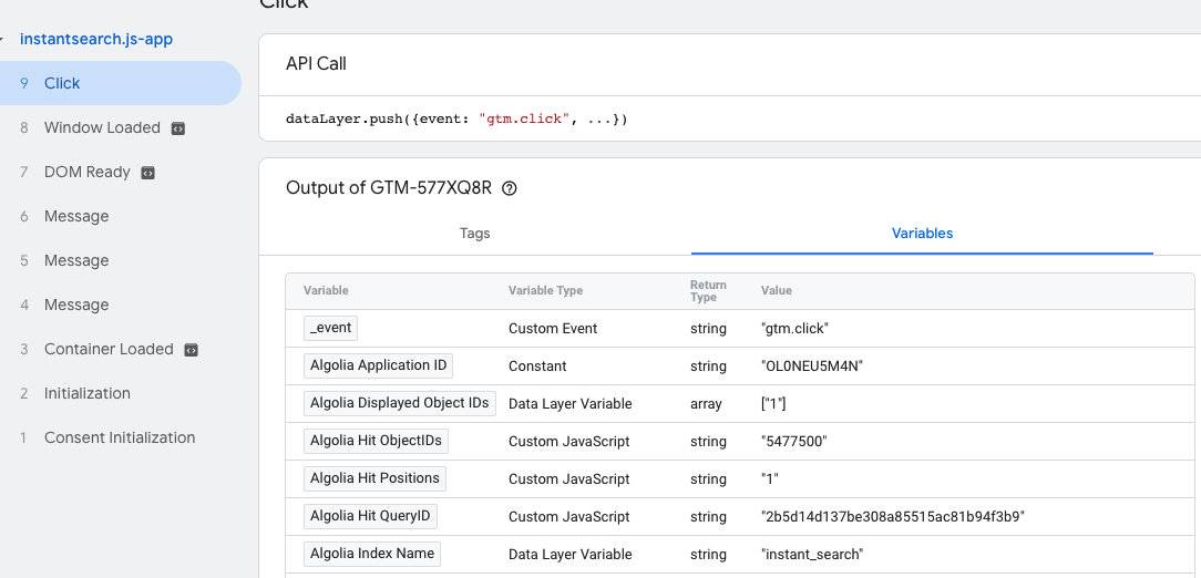 You can check that all the Algolia variables have the expected values